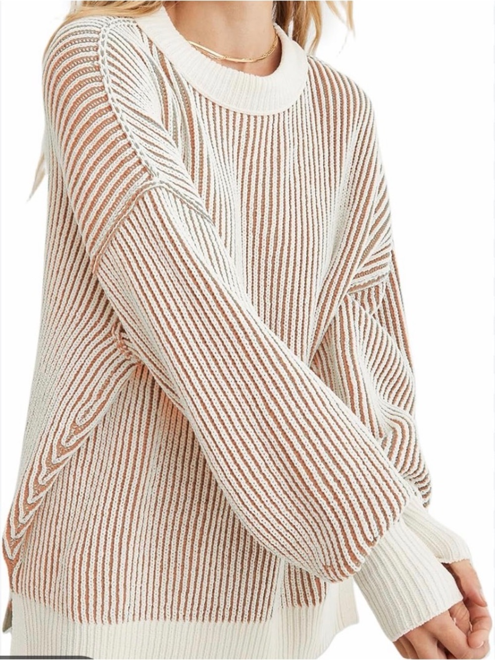 aerie Two-Tone Ribbed Crewneck Sweater in Cream & Tan